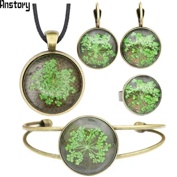 

Natural Dry Flower Necklace Earrings Ring Bangle Jewelry Sets Antique Bronze Plated Leather Chain Adjustable Fashion Jewelry