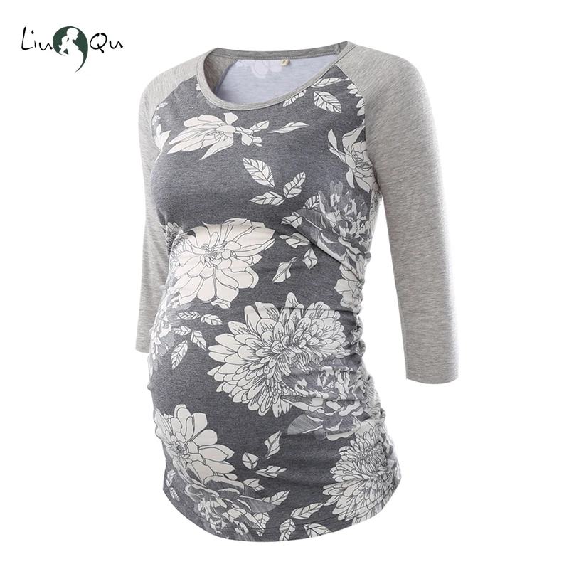 

Side Ruched Maternity Blouse Floral 3 Quarter Sleeve Premama Pregnancy Top Raglan Sleeve Maternity Clothes for Women Tops