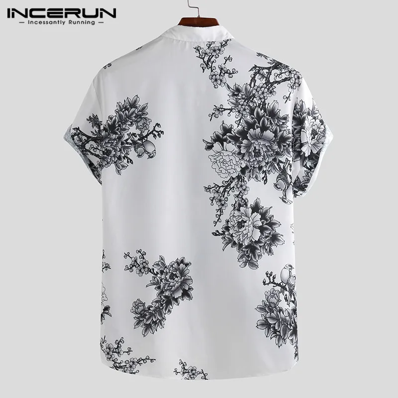 INCERUN Мужская рубашка в китайском стиле с цветочным принтом и отложным воротником футболка с короткими рукавами для фитнеса ретро-топы Мужские повседневные брендовые рубашки Camisa