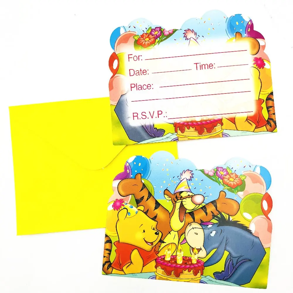 Дисней6 шт/набор Пригласительные открытки с Винни-медведем для вечеринки, украшения на день рождения, Мультяшные тематические вечерние принадлежности, праздничные принадлежности, набор