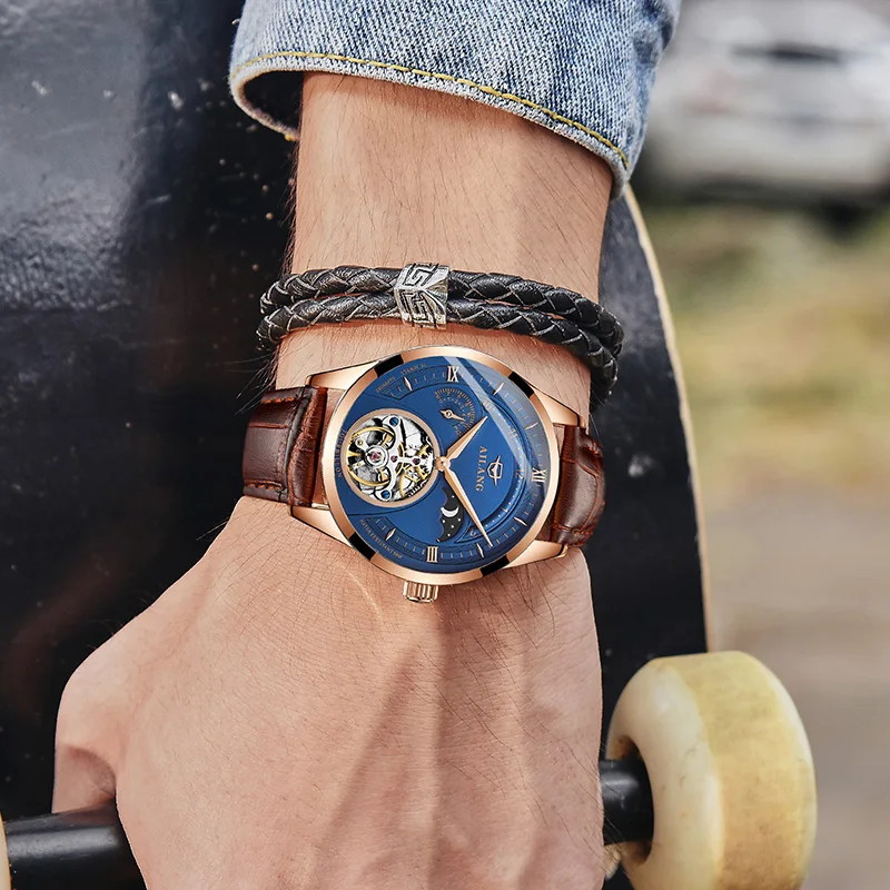 

Skeleton Tourbillon Mechanical Watch Men Automatic Classic Rose Gold Leather Mechanical Wrist Watches Reloj Hombre 2019 Luxury