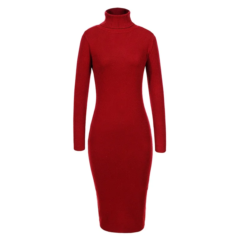 GLO-STORY, зима, женское платье-свитер с воротником-хомутом, одноцветное, облегающее, сексуальные, вечерние, элегантные платья для женщин, WYQ-7628 - Цвет: Bordeaux