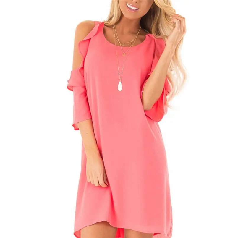 New Women Summer Ladies Strapless Shoulder Ruffle Sleeve Pure Color Summer Dress Elegant Mini Fashion Casual Vestidos #4A30 (21) - 