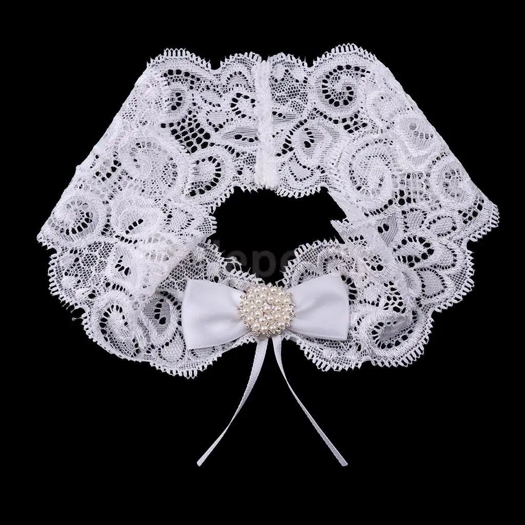 Wedding Bowknot Rhinestone Pearls Lace Garter Bride Flower Applique Keep Toss Bridal Shower White