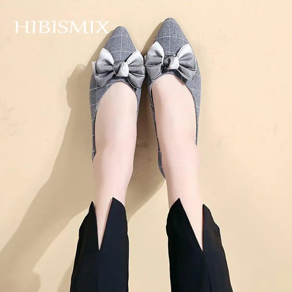 

HIBISMIX Fashion Bow Tie Women Flats Spring Autumn Grid Dress Work Flats for Women Pointed Toe Slip On Shoes 1298
