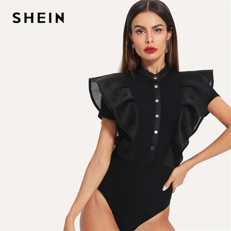 SHEIN الأسود أنيقة زر يصل شبكة حافة كشكش تركيبها موقف طوق قصيرة الأكمام نحيل ارتداءها الصيف النساء حزب ارتداءها SHEIN الأسود أنيقة زر يصل شبكة حافة كشكش تركيبها موقف طوق قصيرة الأكمام نحيل ارتداءها الصيف النساء حزب ارتداءها