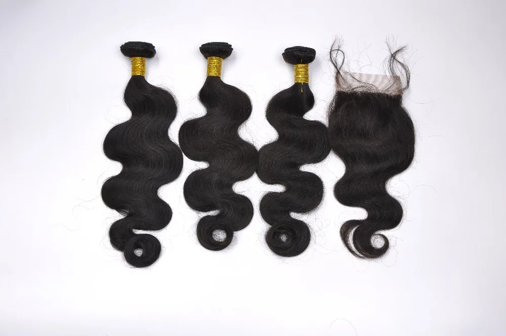 Grade 7A Peerless Virgin Hair 3pcs Bundles With No Bleached Knots Closure Human Hair Body Wave With 4X4 Top Lace Closure