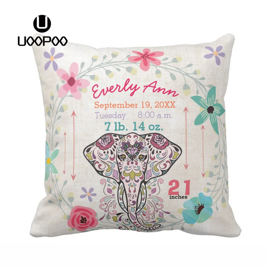 

Custom Flower Elephant Pillow Cover Baby Birth Decorative Pillow Case Cotton Canvas / Polyester Colorful Cushion Cover for Sofa