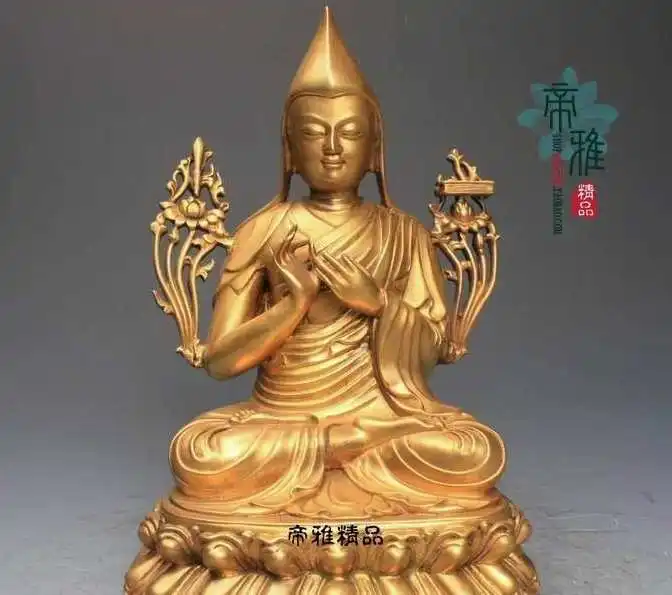 

Tibet Buddhism Gelugpa Pure Copper 24K Gold Gild Tsong-kha-pa Bodhisattva Statue