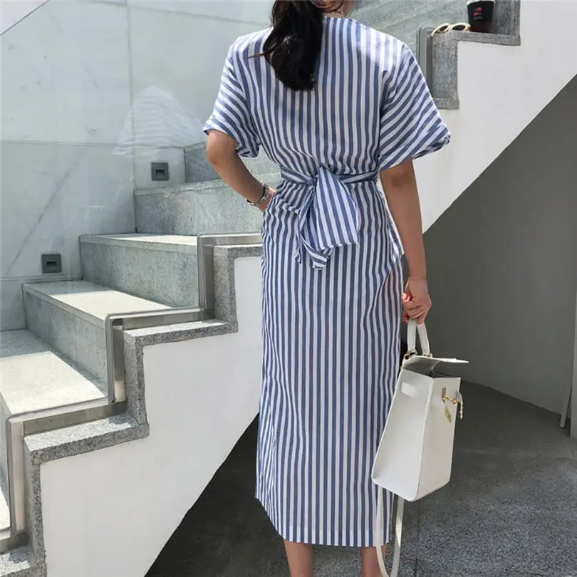 New Women Summer Fashion Casual Daily Elegant Cotton Blue Striped Bandage Split Long Dress Long Dress #4A25 (6)