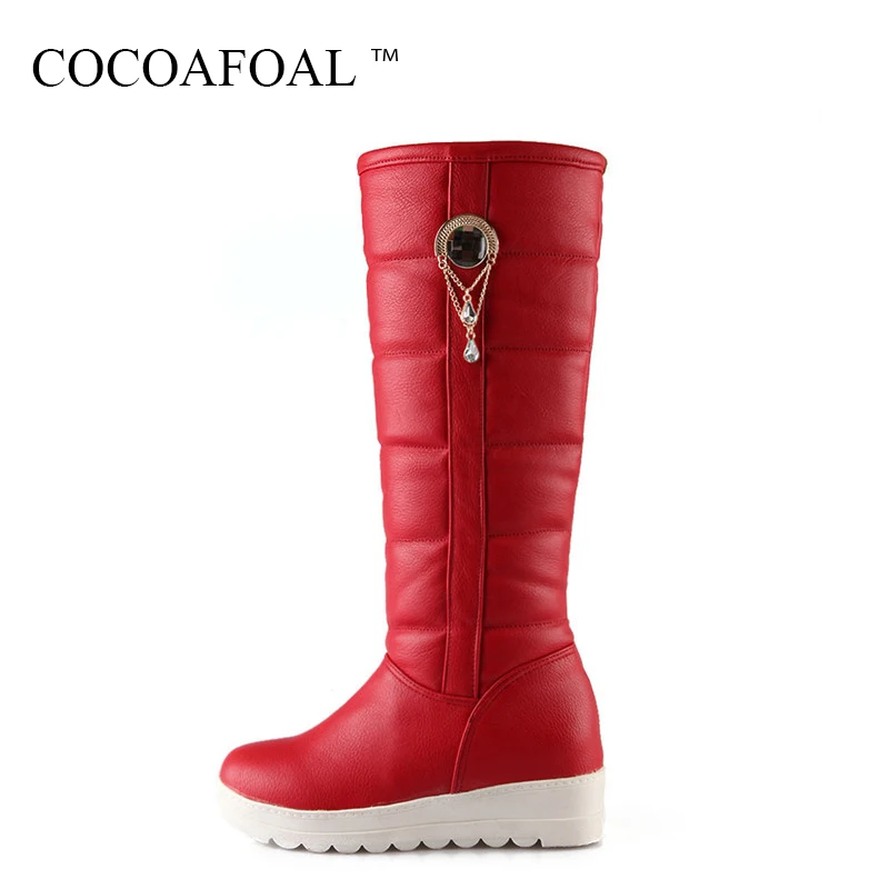 

COCOAFOAL Women's Winter White Crystal Mid Calf Snow Boots Fashion Black Metal Decoration Snow Boots Plus Size 33 41 Snow Boots