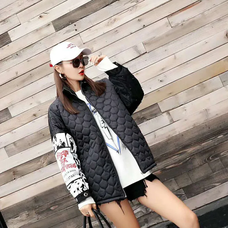 

Female BF Design Contrast Color Blocked Coat Novelty Design Warm Black Cardigan Plus Size Beading Cotton Padded Outerwear