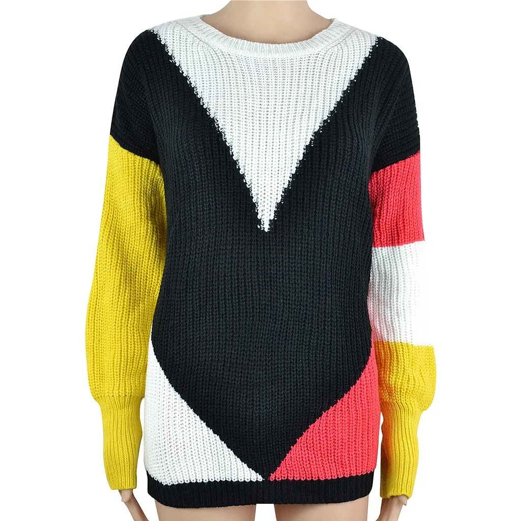 KANCOOLD свитер женский с круглым вырезом свитер пуловер Топ длинный рукав трикотаж Лоскутная мода новый свитер женский 2019jul12
