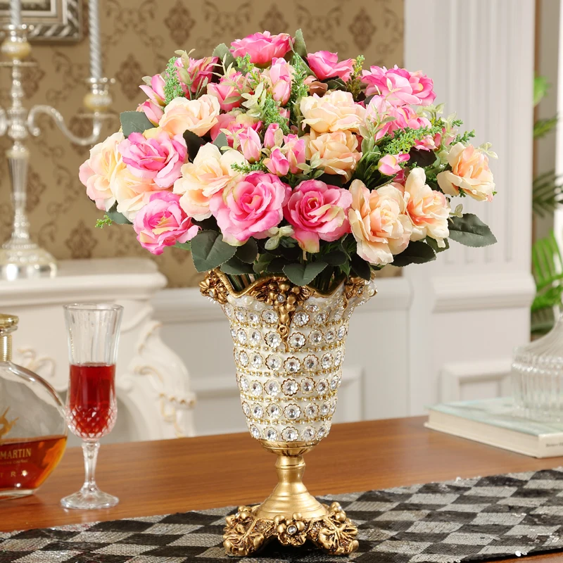 

Modern Resin Diamond Vase+Artificial Flower Set Figurines Home Livingroom Crafts Decor Office Desktop Fake Flower Pot Ornaments