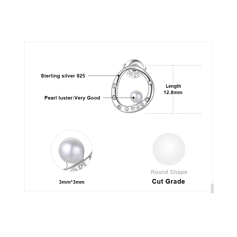 JewelryPalace Modern Art Deco Crystal 3mm Round Shape Shell Pearl Curved Circle Stud Earrings 925 Sterling Silver Trendy Jewelry