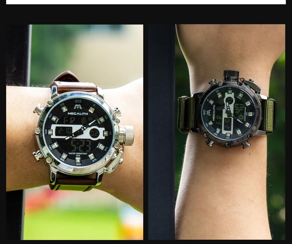 MEGALITH, кварцевые часы для мужчин, многофункциональные, водонепроницаемые, светящиеся, светодиодный, спортивные, с хронографом, наручные часы, мужские часы, Relogio Masculino