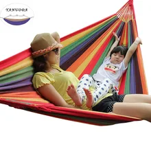 Портативный открытый досуг веревка качели гамак кемпинг альпинизмом тканая хлопковая ткань Радуга Полосатый садовая сумка гамаки