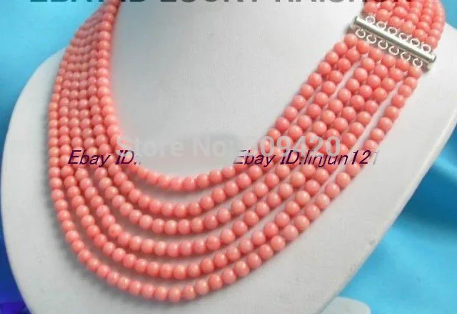 

W&O655 >>>>>natural! 6row round nature pink coral beads necklace 17-22'' #@