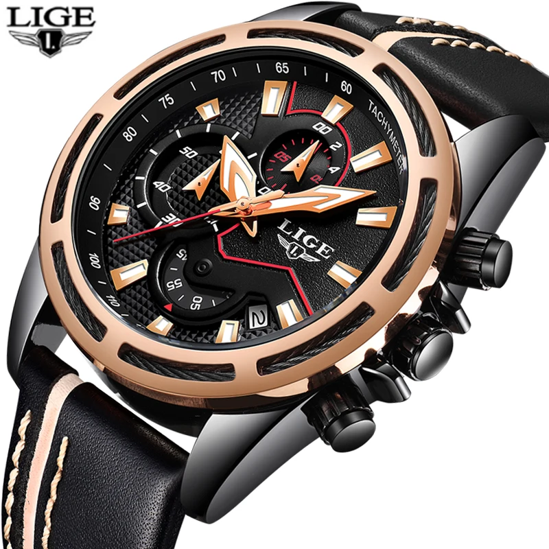 

Top Brand LIGE Luxury Fashion Mens Watches Casual Sport Quartz Watch Men Leather Waterproof Military Wristwatch Relogio Masculio