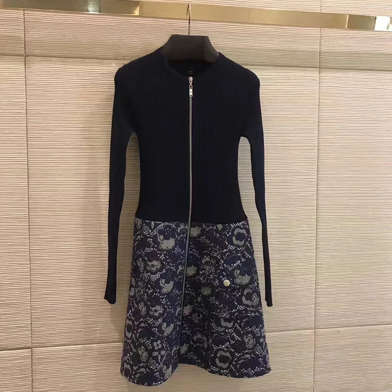 

2019 Spring New Tibetan Blue Splice Lace Jacquard Trim Knitting Dress Knee-Length Zippers Print A-Line Clothes Dresses Women