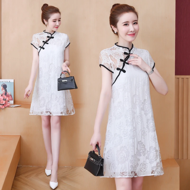 Женская летняя блузка cheongsam белая кружевная большого размера L-5XL XXL XXXL 3XL XXXXL 4XL |