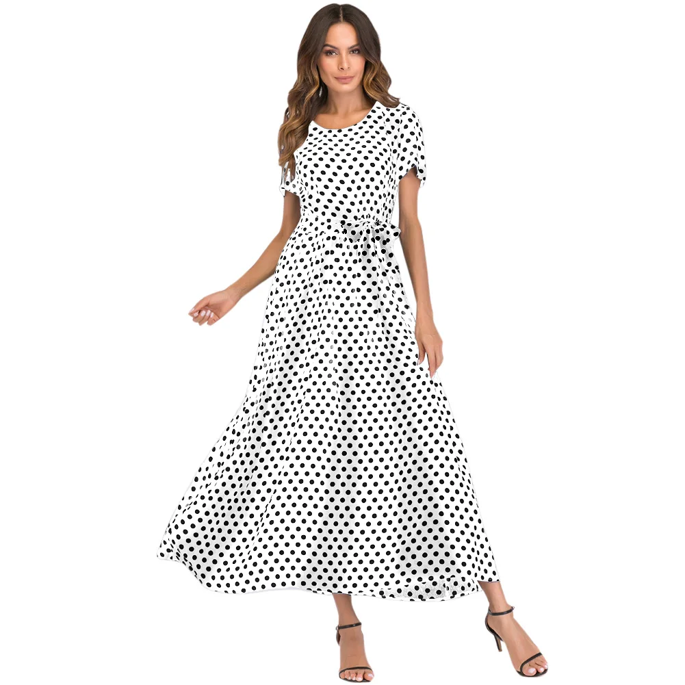 

2019 Casual Summer Dress XXXL 4XL 5XL Plus Size Women Long Polka Dot Dress Short Sleeve High Waist Tie Vintage Beach Maxi Dress