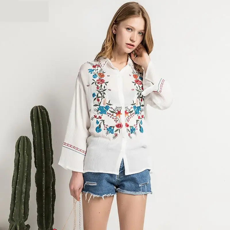 Embroidery Blouse Top Women Flower Print Full Sleeves Tops For Casual New Summer 2017 Europe Lapel Slim Knitted Cardigan Cotton