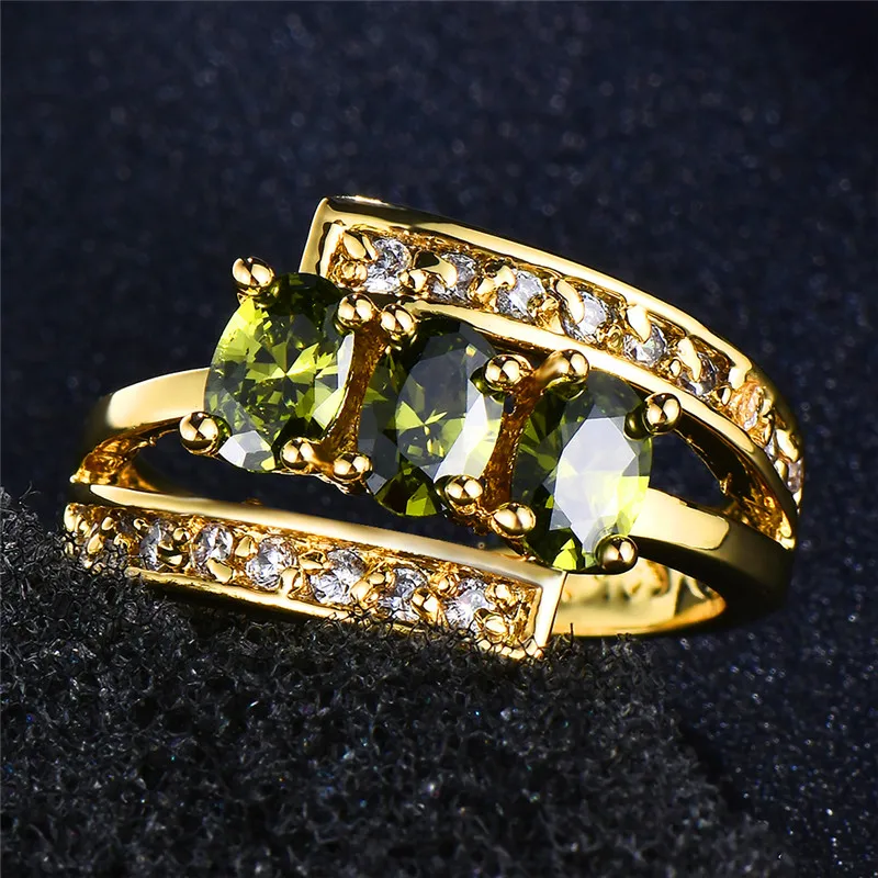 Luxury Female Olive Green Stone Cross Ring Simple Yellow Gold Filled Double Layers Ring Cute Engagement Wedding Rings For Women