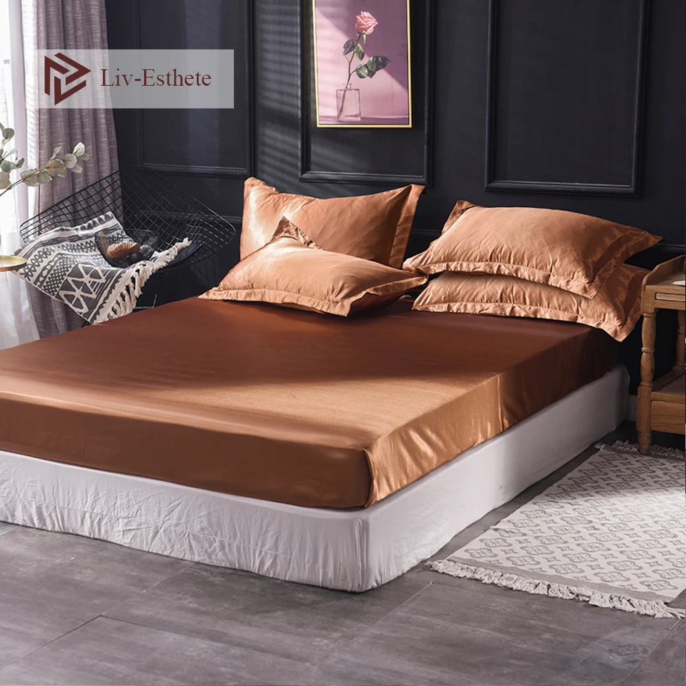 

Liv-Esthete Wholesale Luxury 100% Satin Silk Brown Fitted Sheet Silky Mattress Cover Queen King Bed Sheets For Women Men