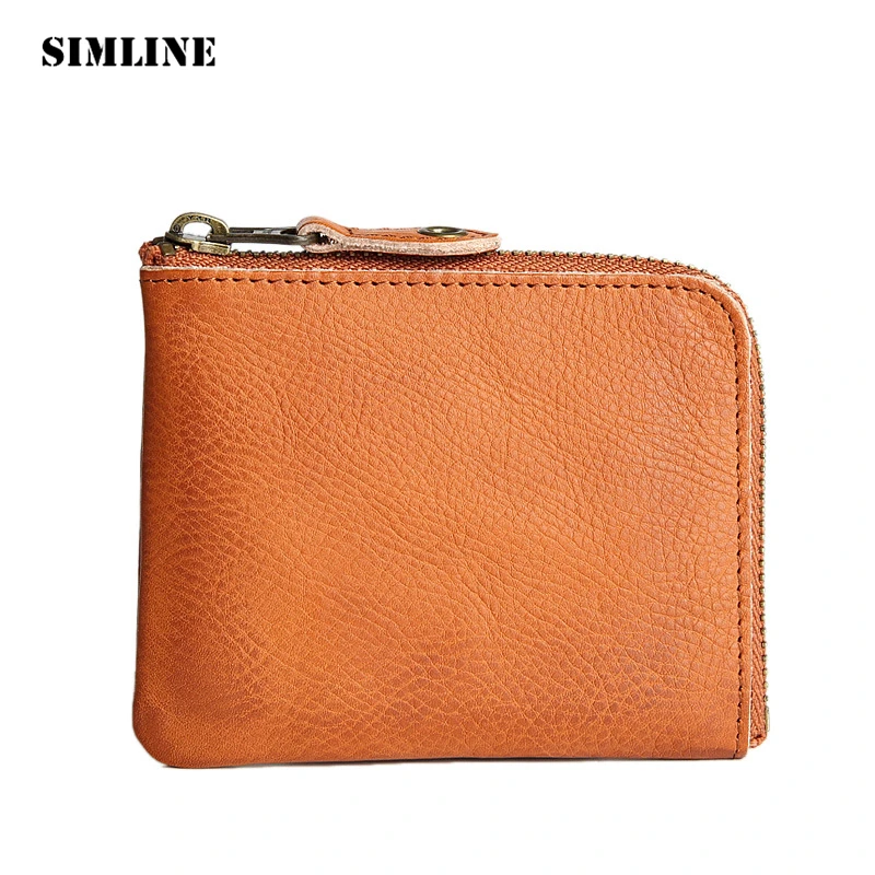 SIMLINE Vintage Genuine Leather Cowhide Men Mens Male Short Slim Small Zipper Wallet Wallets Coin Purse