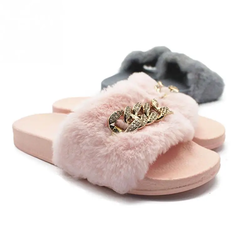 

Autumn Winter Warm Home Slippers Women Fur Slides Fashion Diamante Chain Mules Plush Indoor Slippers Comfortable Flats Zapatos