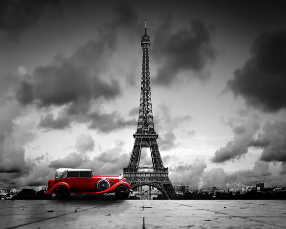 Фото обои Париж Эйфелева башня черный и белый автомобиль стены на заказ 3D гостиная Настенные обои для украшения отеля