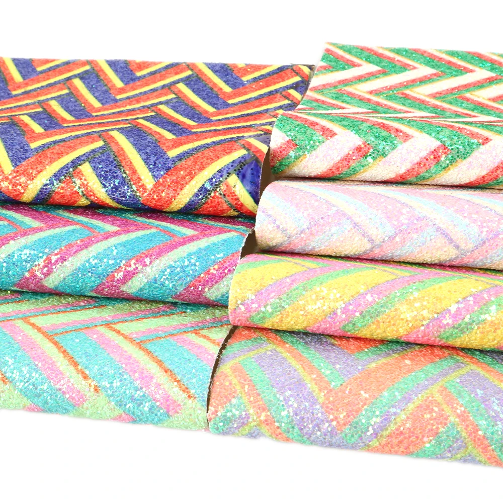 

7pcs/set 20*34cm Rainbow Color Zig Zag Animal Printed Fine Glitter Synthetic Leather Fabric Set,DIY handmade materials,1Yc6443