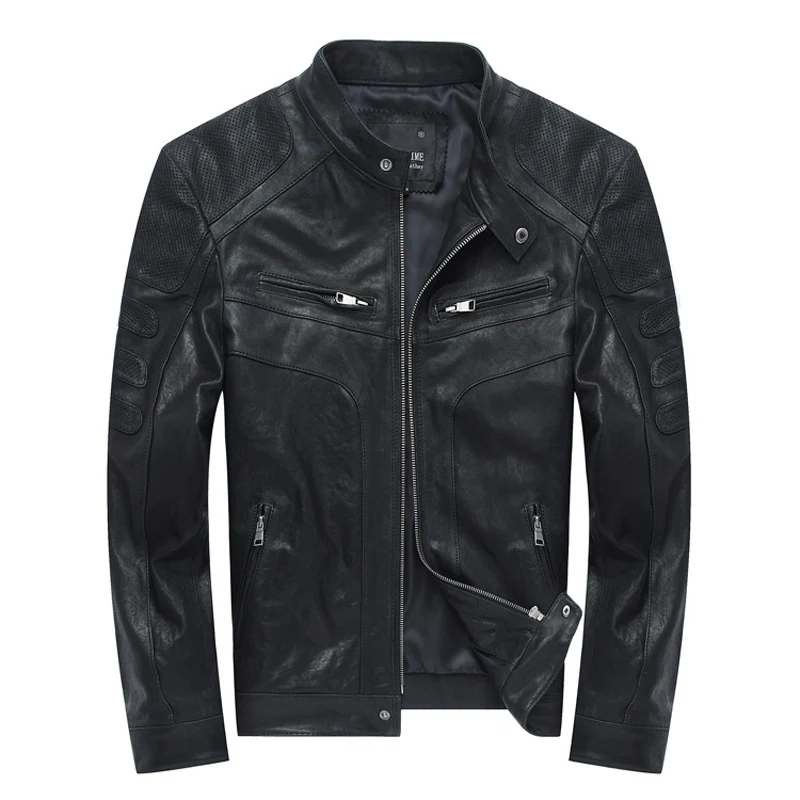 

Free Shipping Men's Short Slim Motorcycle Leather Jackets Black Sheepskin Overcoat Mens Stand Collar Tanned Leather Outwear 3XL