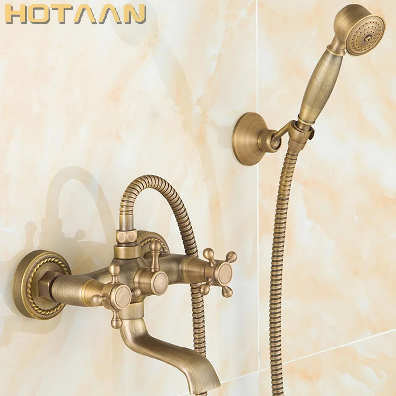 US $53.99  Bathroom Bath Wall Mounted Hand Held Antique Brass Shower Head Kit Shower Faucet Sets Yt5338A