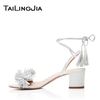 

White Chunky Block Heel Women Sandals Woman Summer Shoes Plus Size Fashion Shoes 6.5CM Low Heel Comfy Shoes Free Shipping Fringe