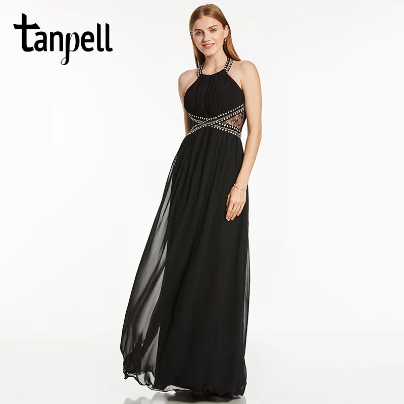 Tanpell вечернее платье с лямкой на шее, сексуальное черное платье в пол без рукавов, платье трапециевидной формы, дешевые женские вечерние платья с бисером и складками, длинное вечернее платье