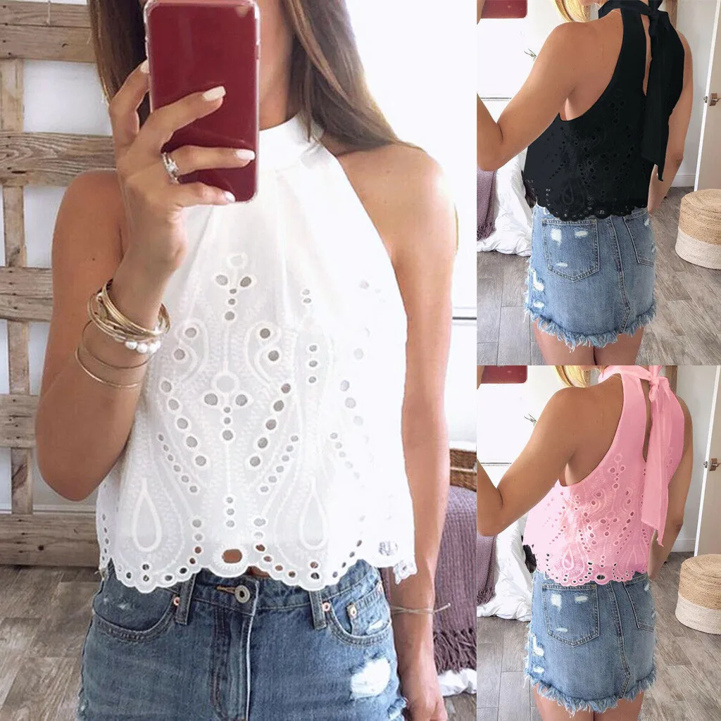 

Vintage halter women tank tops White cotton sleeveless shirt summer tops Lace embroidery female streetwear ladies camis #YJG