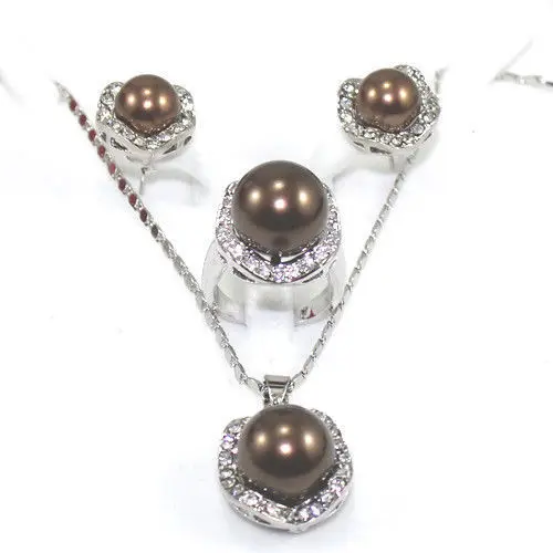 

ddh001120 6-color 10mm & 14mm Shell Pearl Coral Earrings Ring Necklace Pendant Set can choose