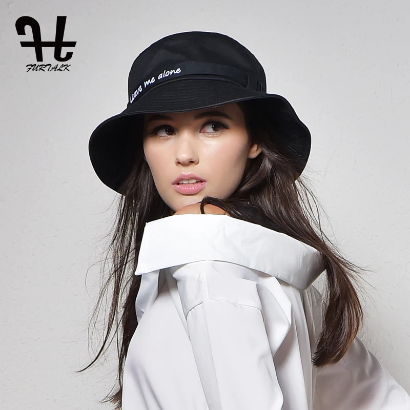 

Furtalk Summer Sun Hat Women Cotton Bucket Hat Big Fold-up Brim Packable Embroidery Letter Hats 2019 White Black
