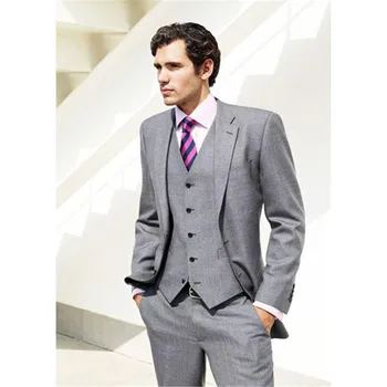 

New Style Gray Groom Tuxedos Groomsman Best Man Blazer Mens Business Wedding Business Suits (Jacket+Pants+Vest+Tie)