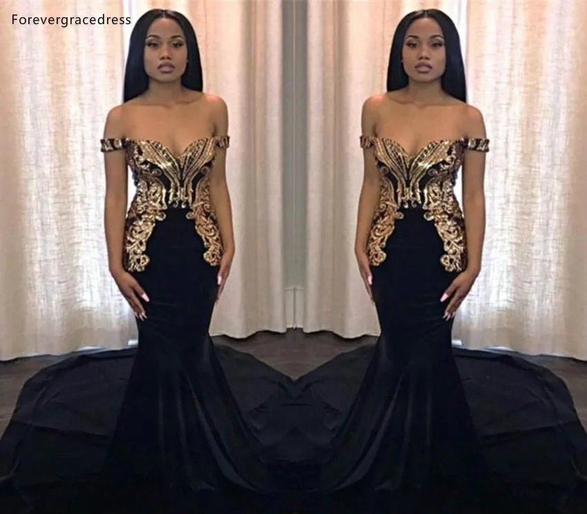 2019 Hot Sell Black With Gold Appliques Mermaid Prom Dresses Junior Sweet 15 Party Vestidos Elegant Off Shoulder Long Evening Gowns BC0986  139 (5)