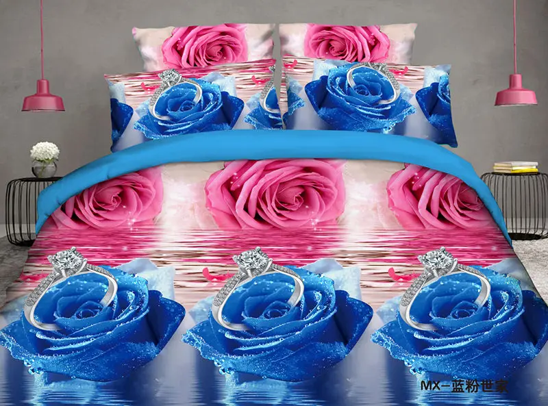 

Hot Sale Romantic Bedding Set 3D Plant Rose Linen Cotton Bedspread Bed Set Satin Red Blue Pillowcase