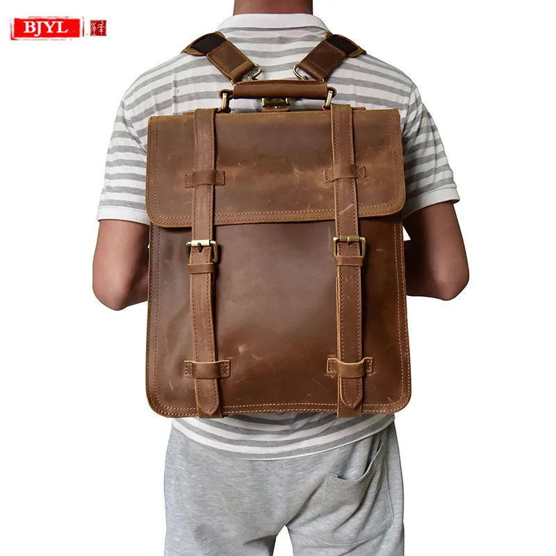 

Retro Men's Backpack Crazy Horse Leather business laptop Backpack first Layer Leather shoulder bags Computer travel Backpacks