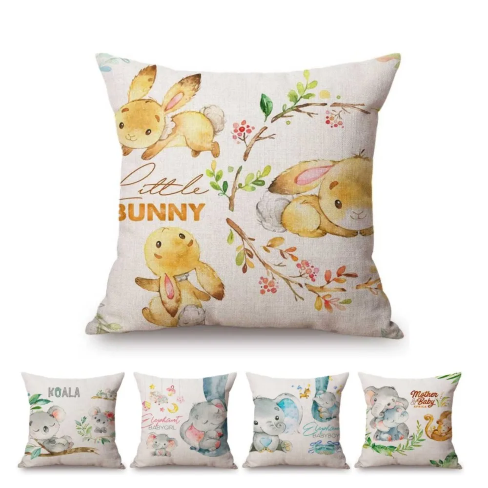 

Cute baby Nursery Art Room Decoration Sofa Throw Pillow Case Watercolor Baby Elephant Bunny Kangaroo Kids' Gift Cushion Cover
