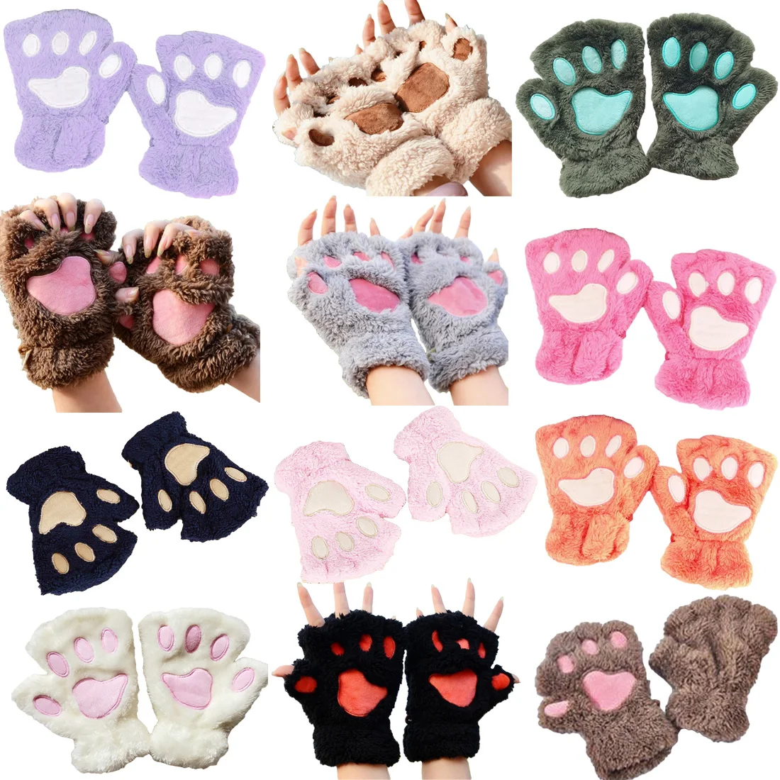 

2018 Winter Lovely Bear Cat Claw Paw Mitten Plush Gloves Short Finger Women Half Gloves Ladies Half Cover Female Gloves Plush
