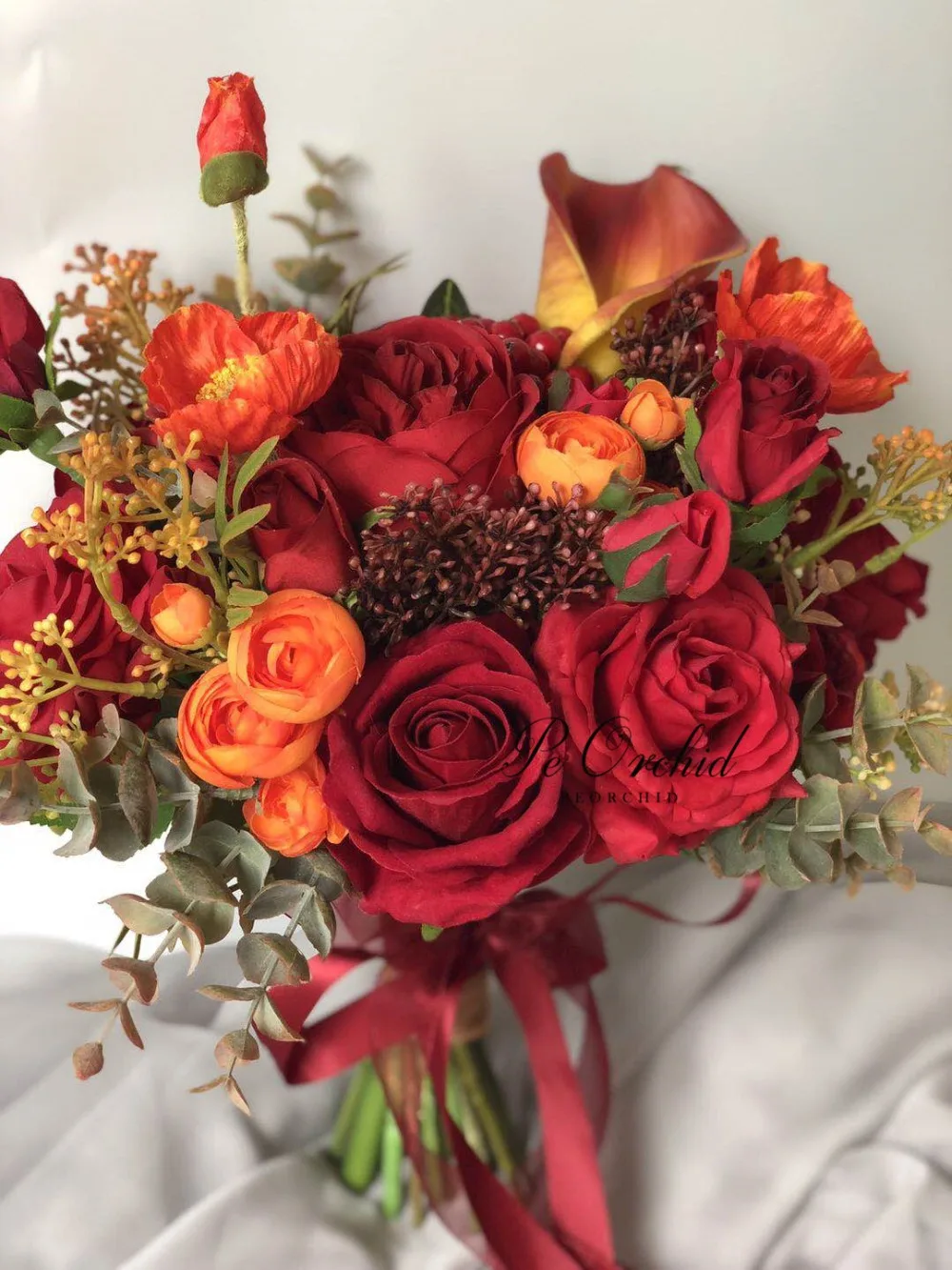 Peorchid Orange Red Burgundy Artificial Wedding Bouquet Flower For