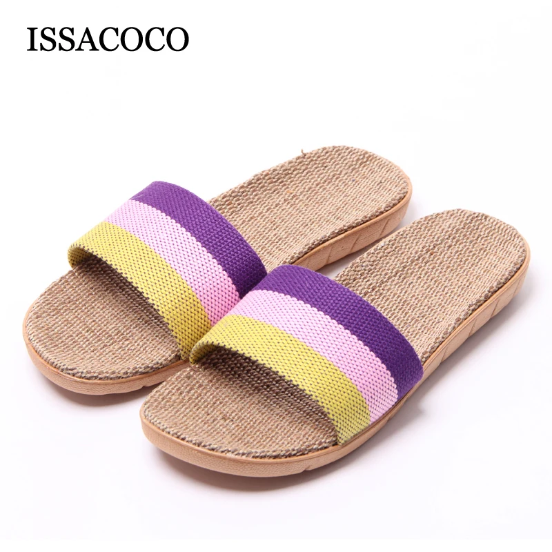 

ISSACOCO Women's Summer Striped Linen Slippers Breathable Indoor Non-slip Flax Slippers Women's Slippers Beach Flip Flops Slides