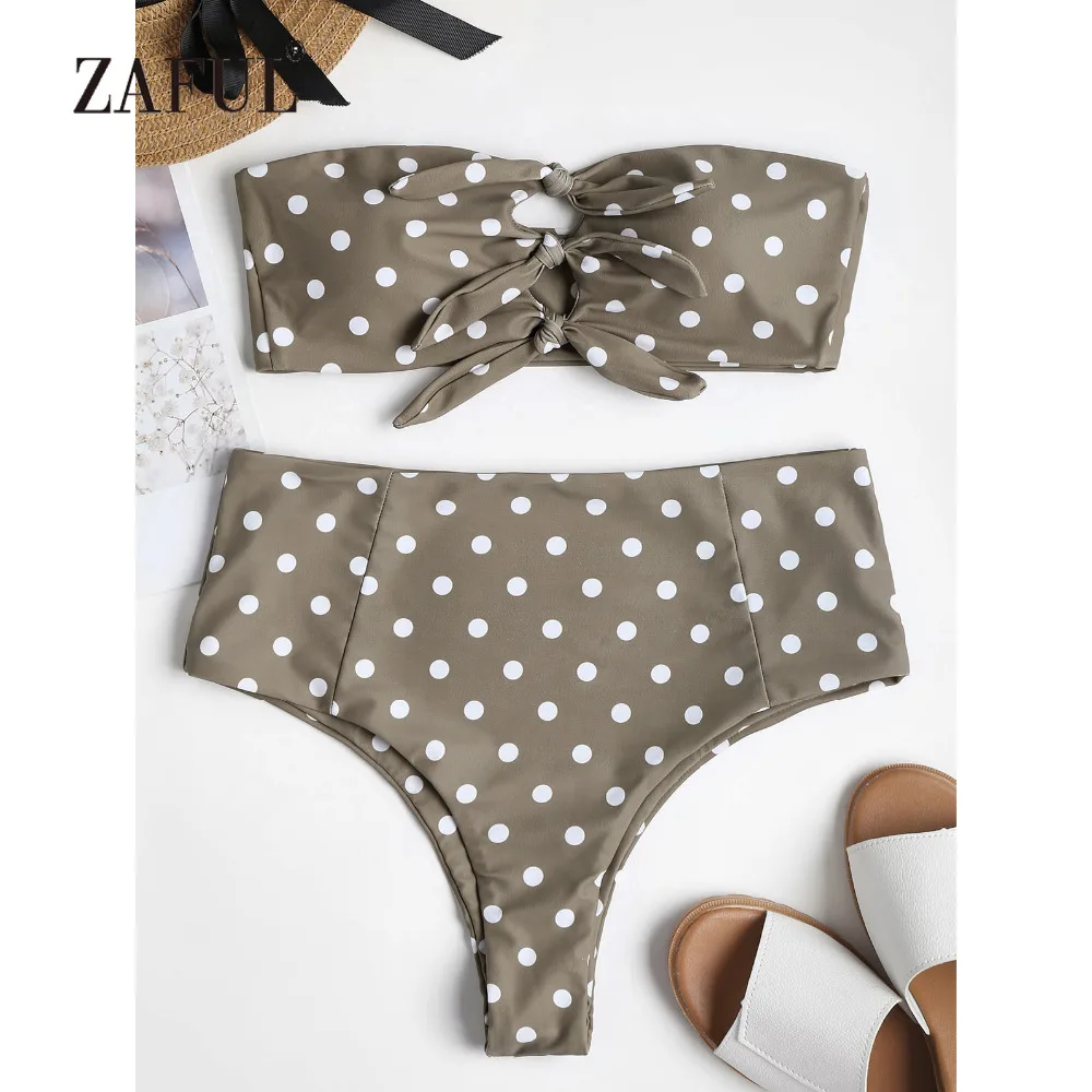 ZAFUL Bandeau Bikini Polka Dot Knot Swimwear Women High Waist Swimsuit Strapless Padded Bathing Suit maillot de bain femme 2018 polka dot bandeau bikini set