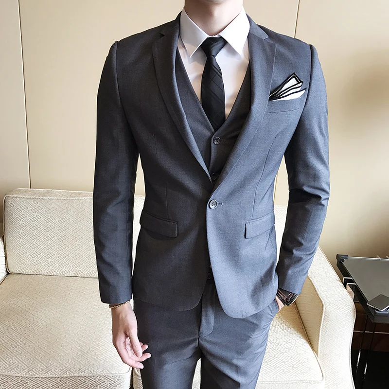 Мужской костюм(пиджак+ брюки+ жилет), роскошный мужской свадебный костюм, мужской тонкий костюм, Мужская одежда, деловая одежда, вечернее платье - Цвет: Dark grey